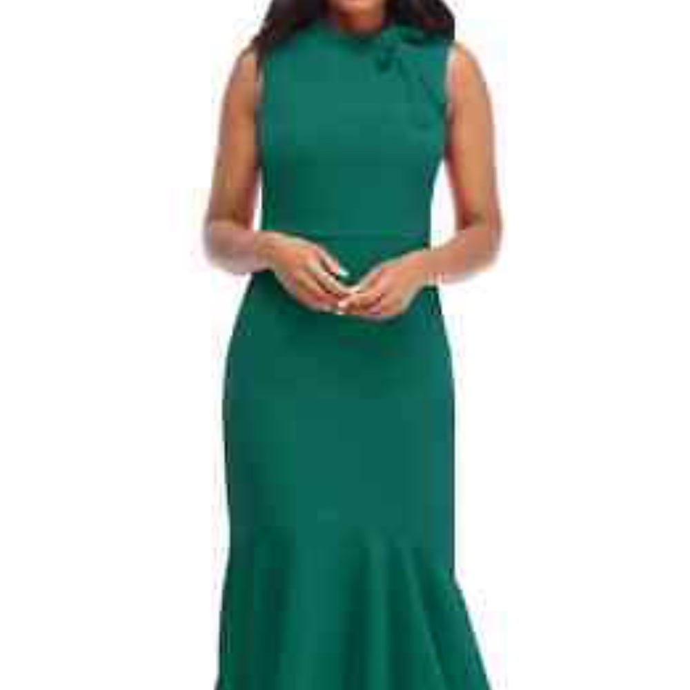 Maggy London Green Flounce Dress with Neck Bow NWT